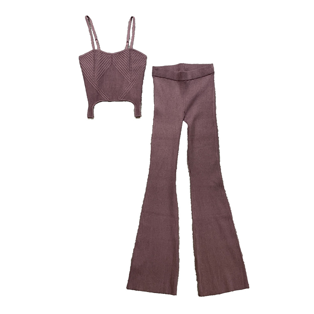 Alo Yoga Top Pants Set Womens S/M Raisinette Denim Knit Garter Tank Flared 2 PC